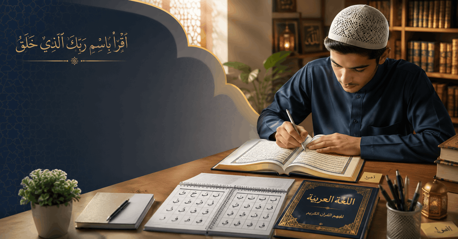 Student learning Quranic Arabic Course with Quran text and Arabic writing rules for understanding the Holy Quran
