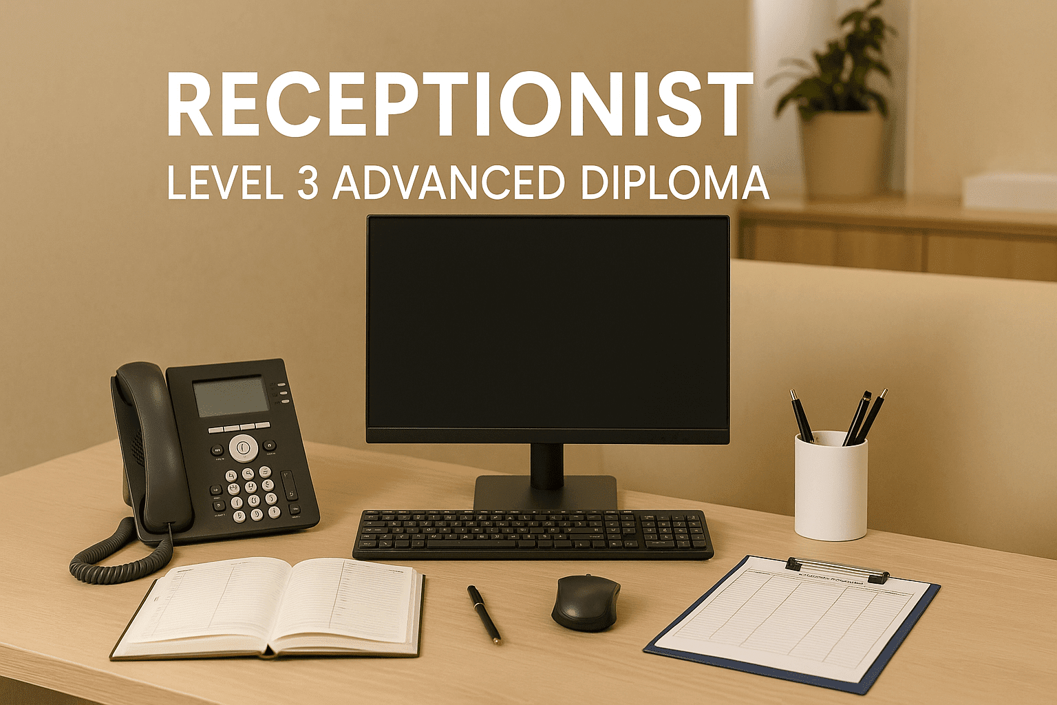 Professional banner showing Receptionist Advanced Diploma Level 3 with front-desk setting, computer, phone, documents, and modern office décor.