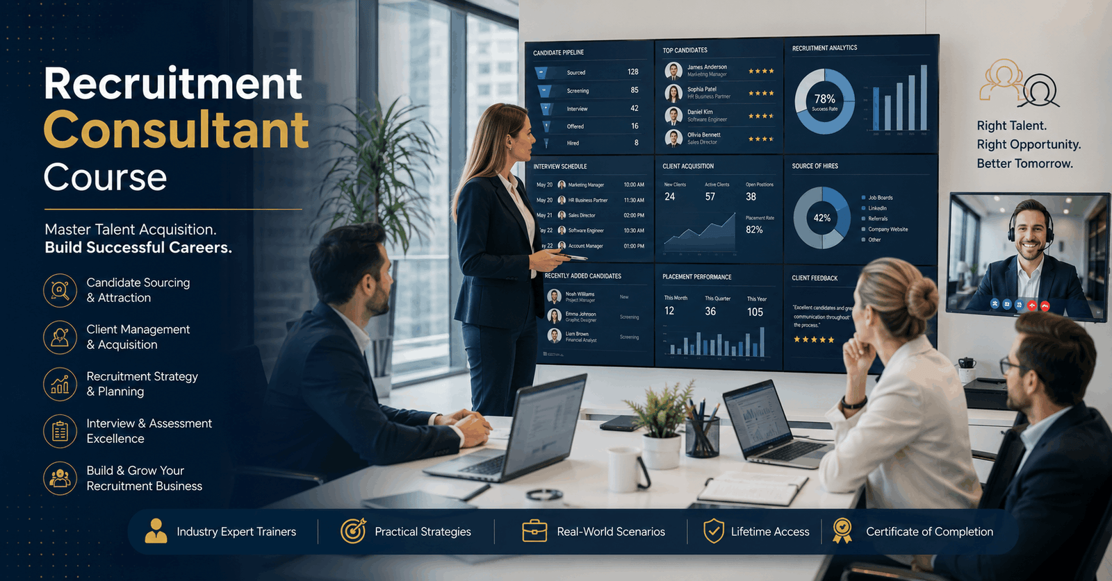 Professional recruiter interviewing candidates in a Recruitment Consultant Course workplace setting