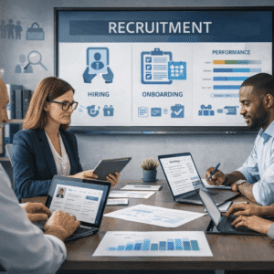 Professional Recruitment Course image showing HR professionals discussing hiring strategies, onboarding, and employee development