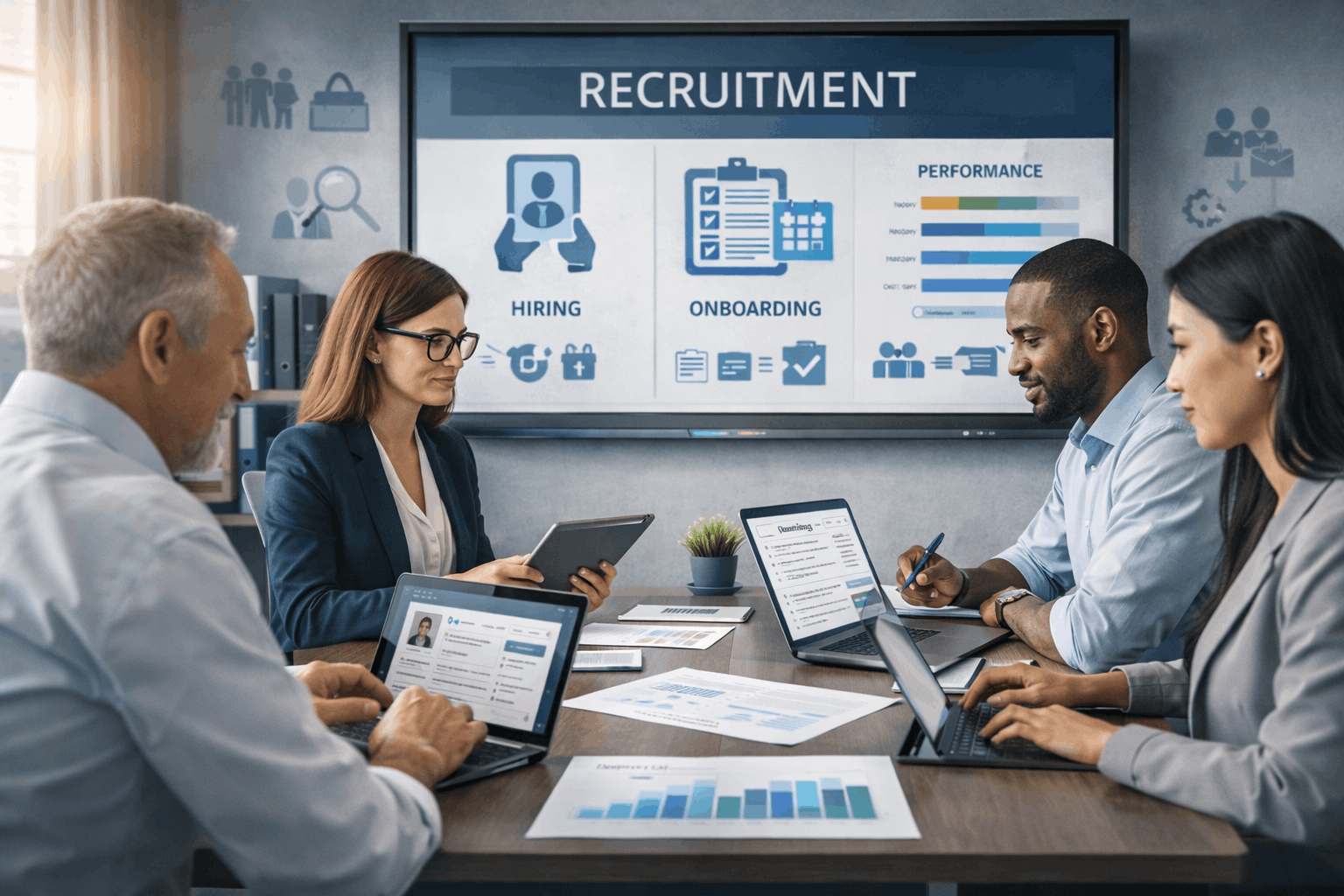 Professional Recruitment Course image showing HR professionals discussing hiring strategies, onboarding, and employee development