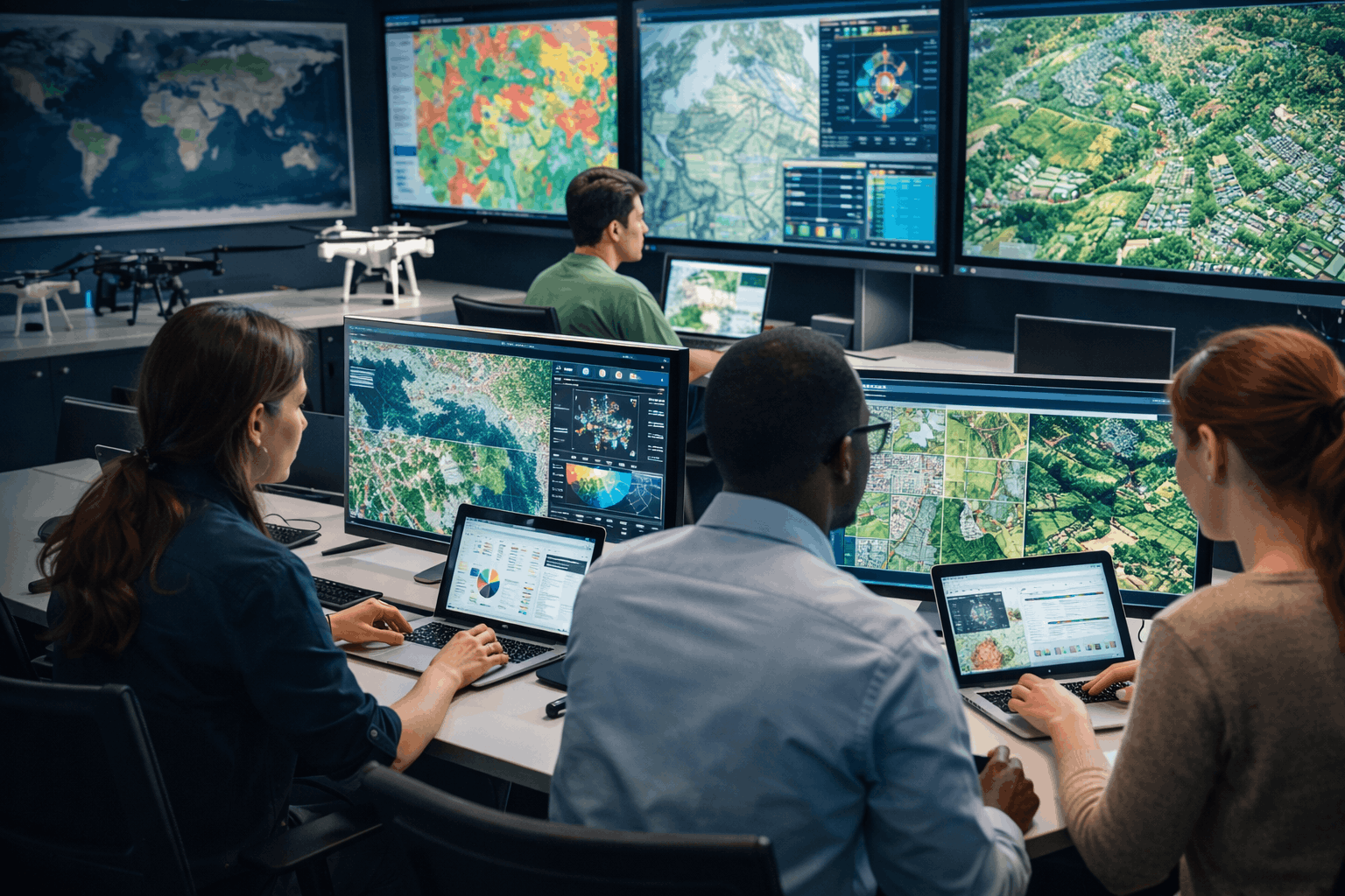 Students analysing satellite imagery and geospatial data in a Remote Sensing Diploma Level 3 Advanced learning environment