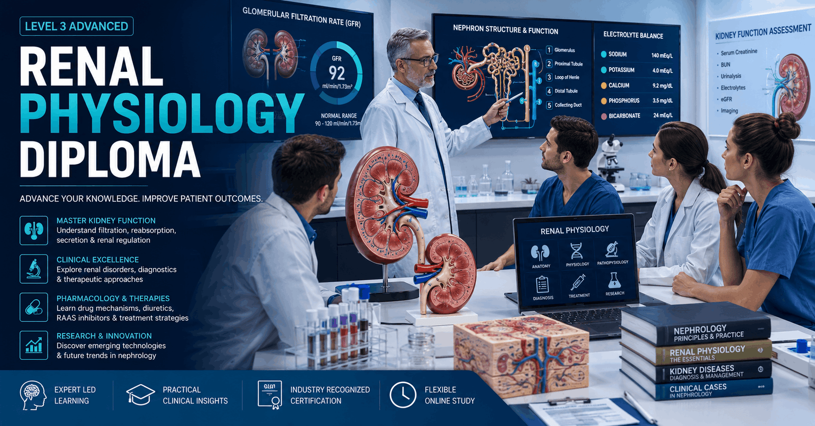 Medical learners studying kidney function and renal physiology diploma concepts in a clinical environment