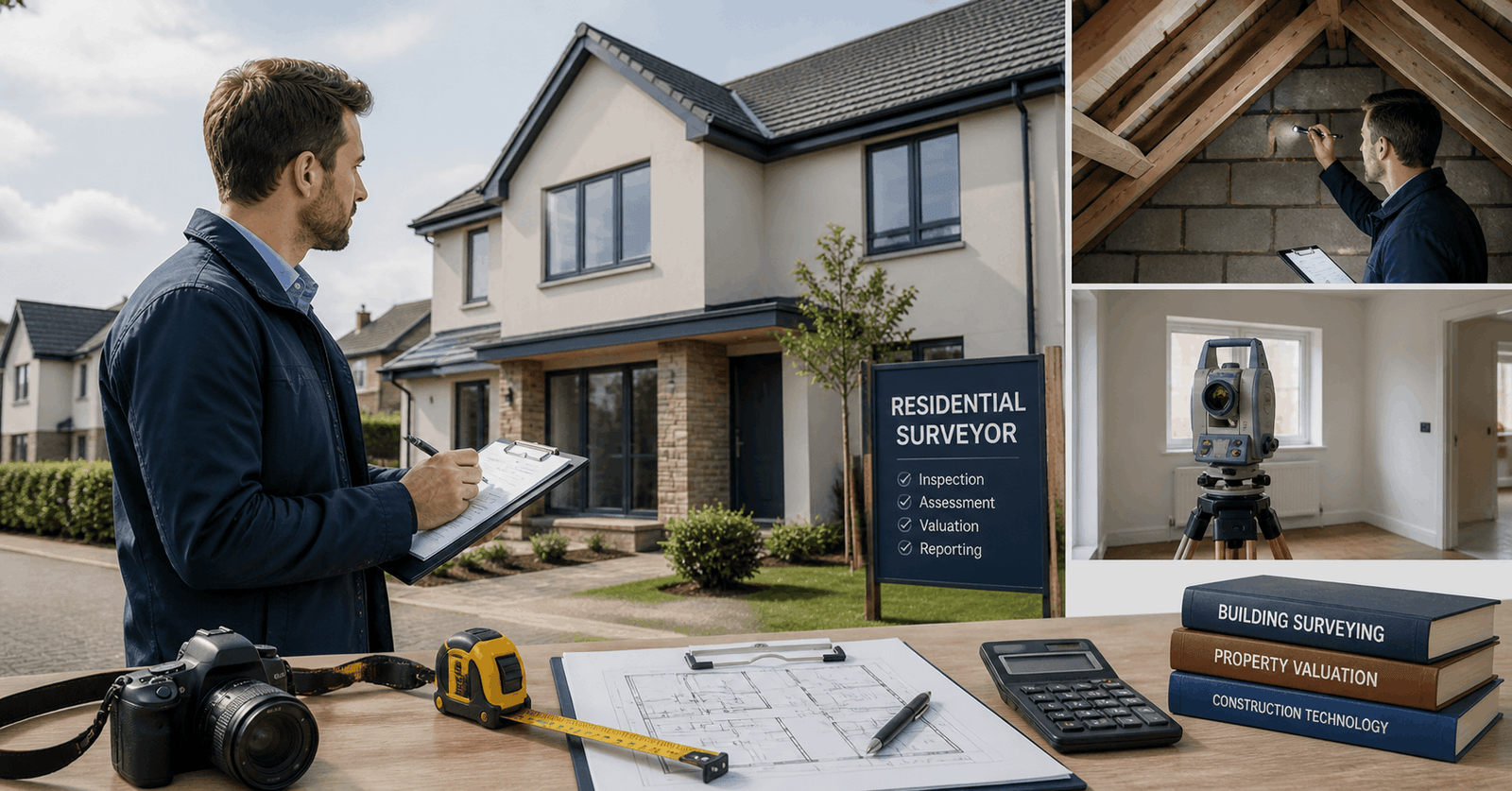 Professional conducting property inspection during Residential Surveyor Course training at a modern home site