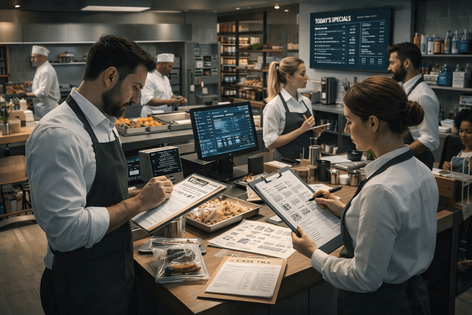 Restaurant operations management course showing coordinated kitchen and dining staff, POS system, menu planning, and hygiene controls