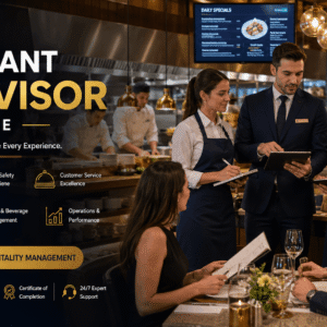 Restaurant Supervisor Course featuring restaurant manager overseeing staff, customer service and dining operations