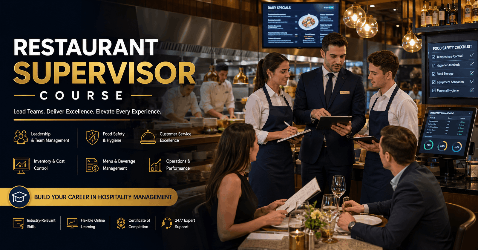 Restaurant Supervisor Course featuring restaurant manager overseeing staff, customer service and dining operations