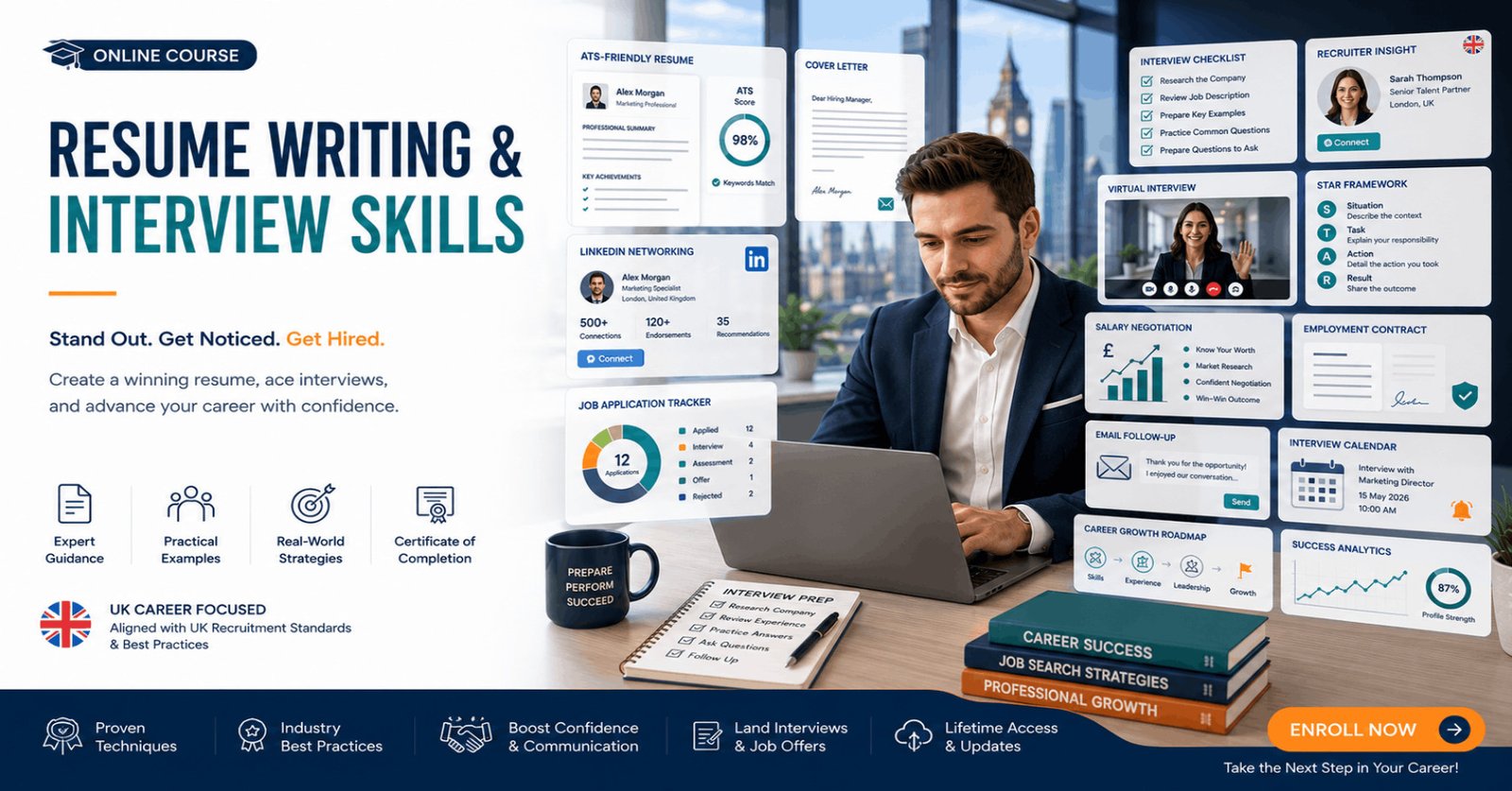 Professional Resume Interview Skills course featuring CV writing, ATS optimization, job interviews, and career preparation.