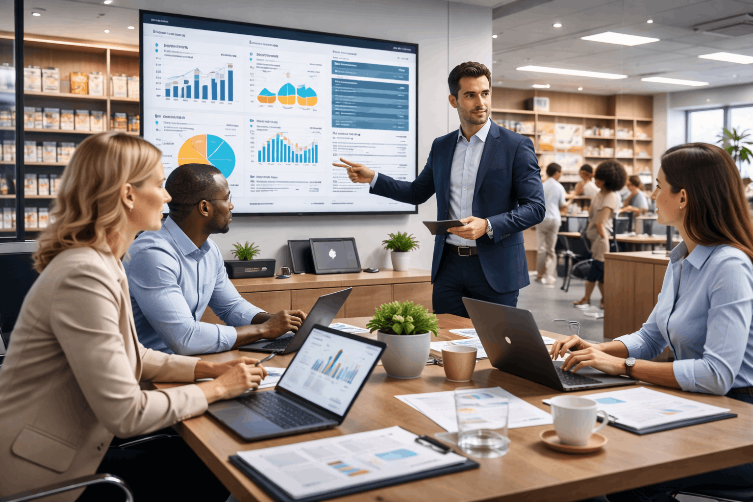 Retail management course showing retail staff managing customers, sales performance, stock control, and supplier coordination