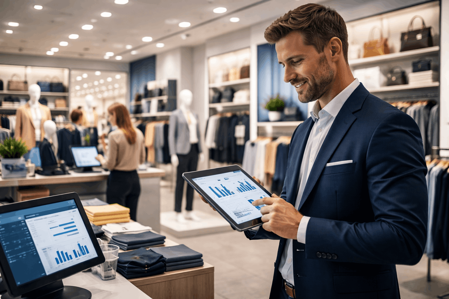 Retail manager analysing store performance and merchandising strategy during Retail Management Level 3 training