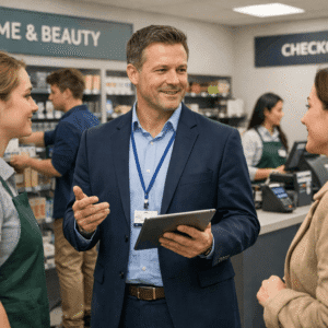 Professional retail shop supervisor guiding staff and managing customer service in a modern retail store environment