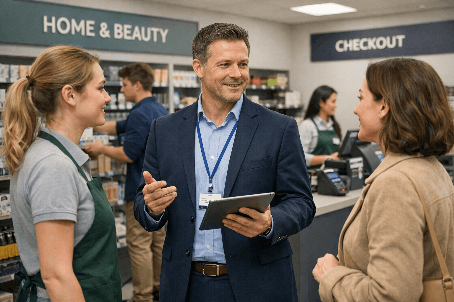 Professional retail shop supervisor guiding staff and managing customer service in a modern retail store environment