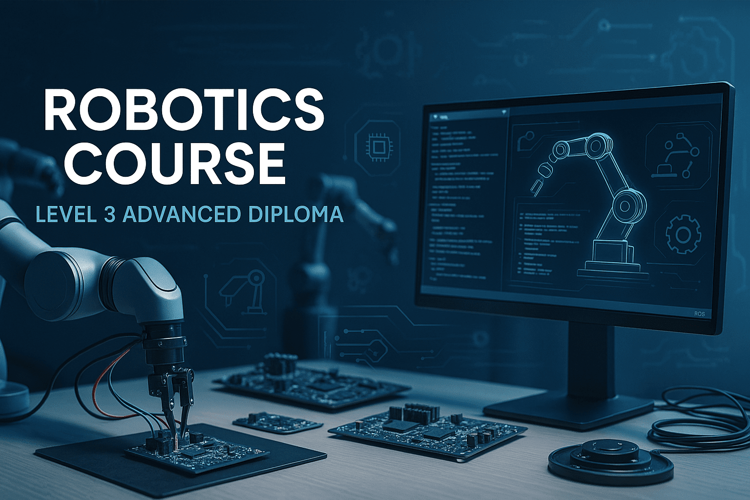 Robotics course banner showing robotic arms, circuit boards, sensors and programming interfaces in a modern tech workspace.