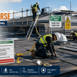 Roofing professionals using safety equipment during Roofing Safety Course training on a commercial roofing site