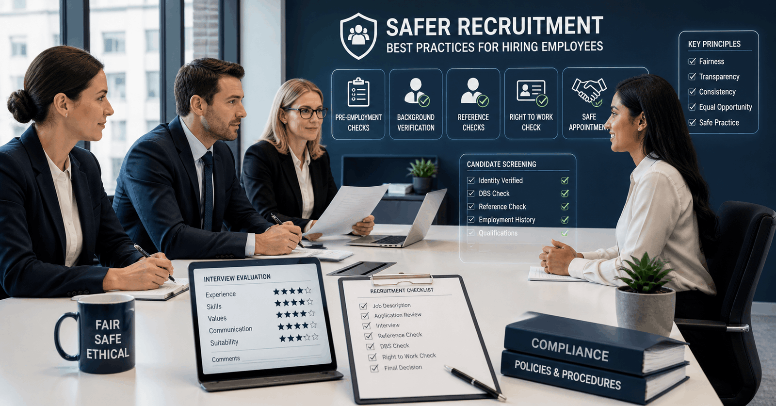 HR professionals conducting structured interviews and reviewing documents during safer recruitment training process