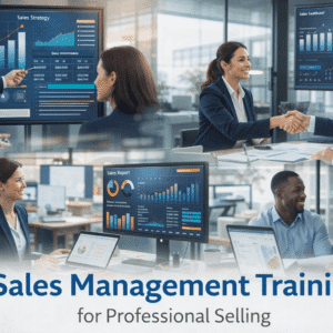 Sales management training showing professionals presenting, negotiating, building customer relationships, and analysing sales performance