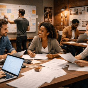 Creative writers developing scripts for film and television during Scriptwriting Diploma Level 3 Advanced training