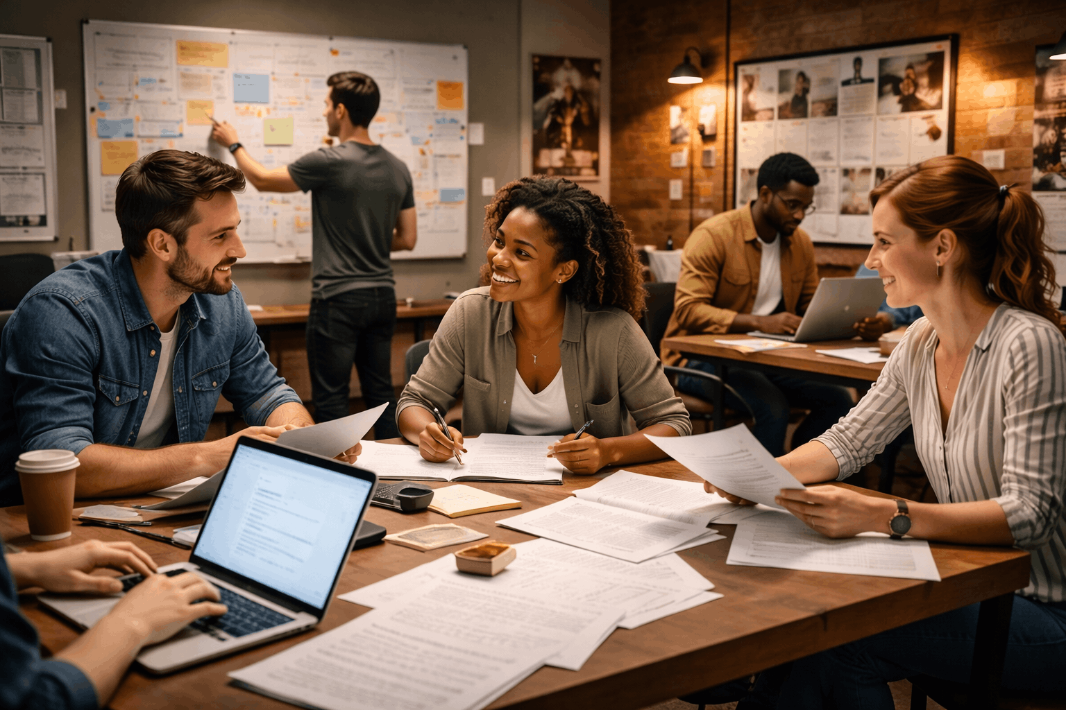 Creative writers developing scripts for film and television during Scriptwriting Diploma Level 3 Advanced training