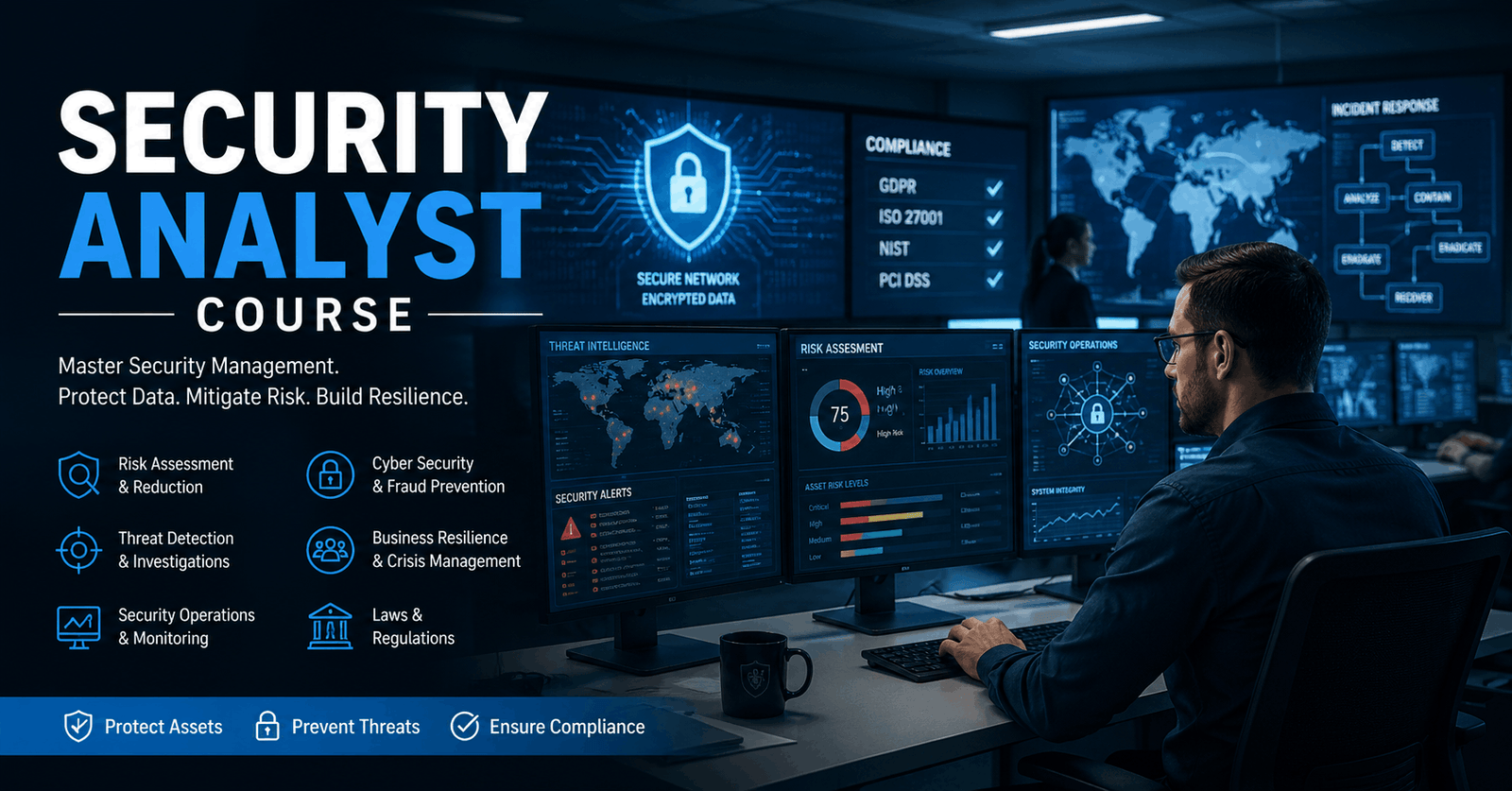 Security Analyst Course student analysing cyber threats, risk assessments and security management systems