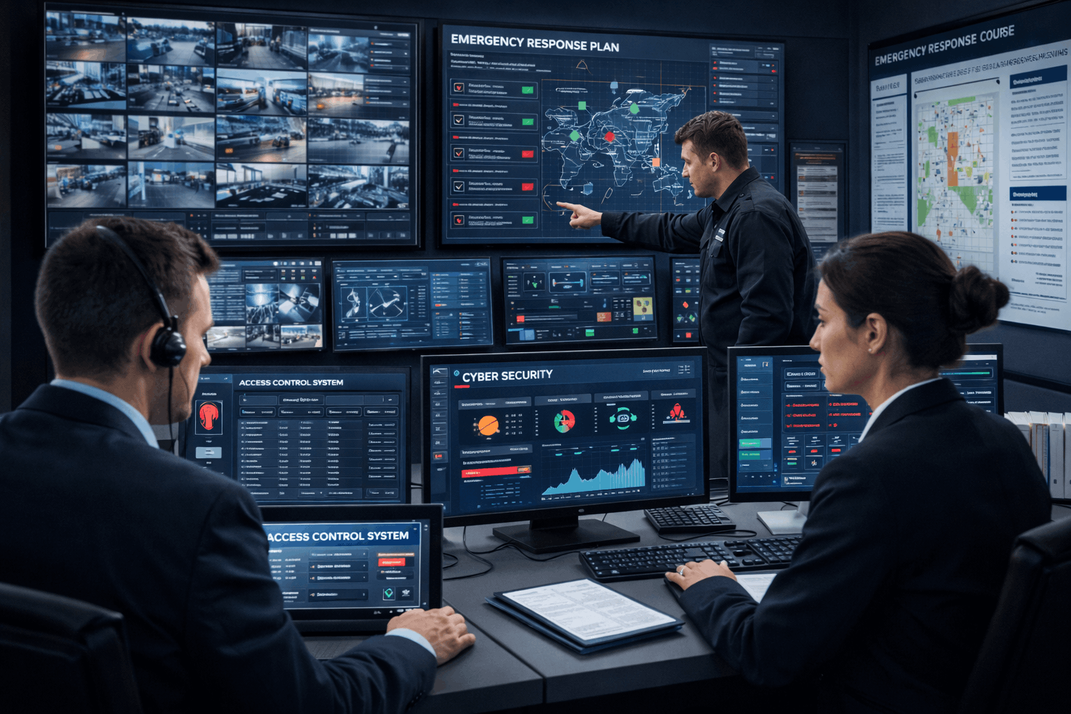 Security management course showing physical security, cyber security systems, risk monitoring, and professional security planning