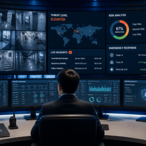 Security operations management professional monitoring systems and coordinating emergency response in a modern control room