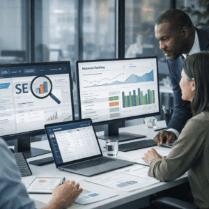 SEO mastery course showing website optimisation, keyword research, analytics dashboards, and search engine ranking strategies
