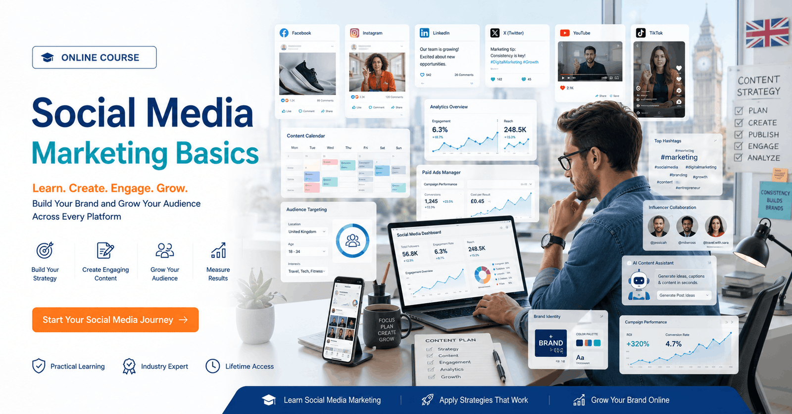 Professional Social Media Marketing course featuring content creation, analytics, paid ads, and social media platform strategies.