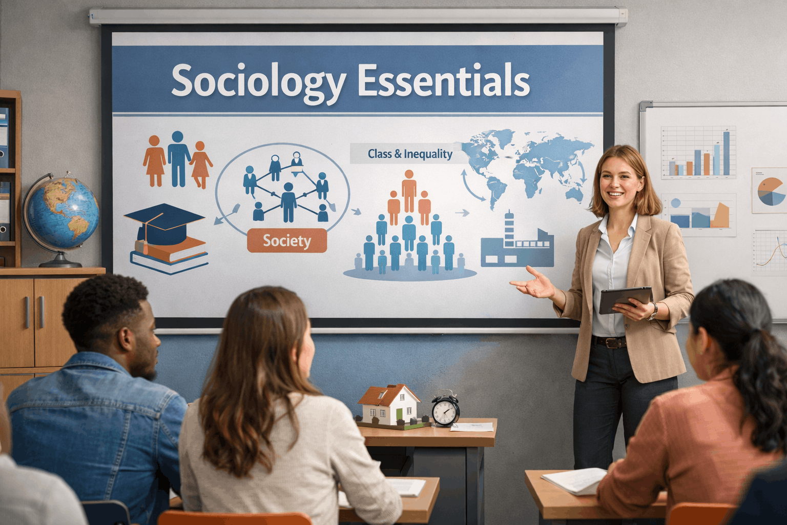 Sociology Essentials course visual showing social institutions, diversity, and sociological theory in a modern learning environment