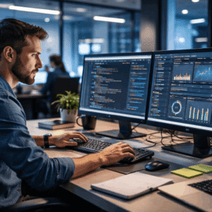 Software tester analysing automated test results and performance dashboards during Software Testing Level 3 training