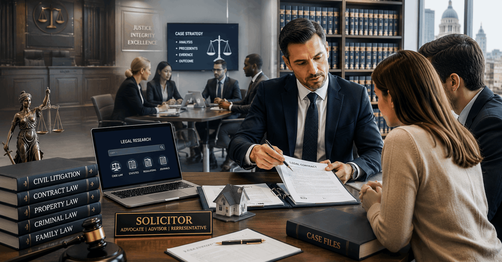 Professional solicitor reviewing legal documents during a Solicitor Training Course in a modern law office