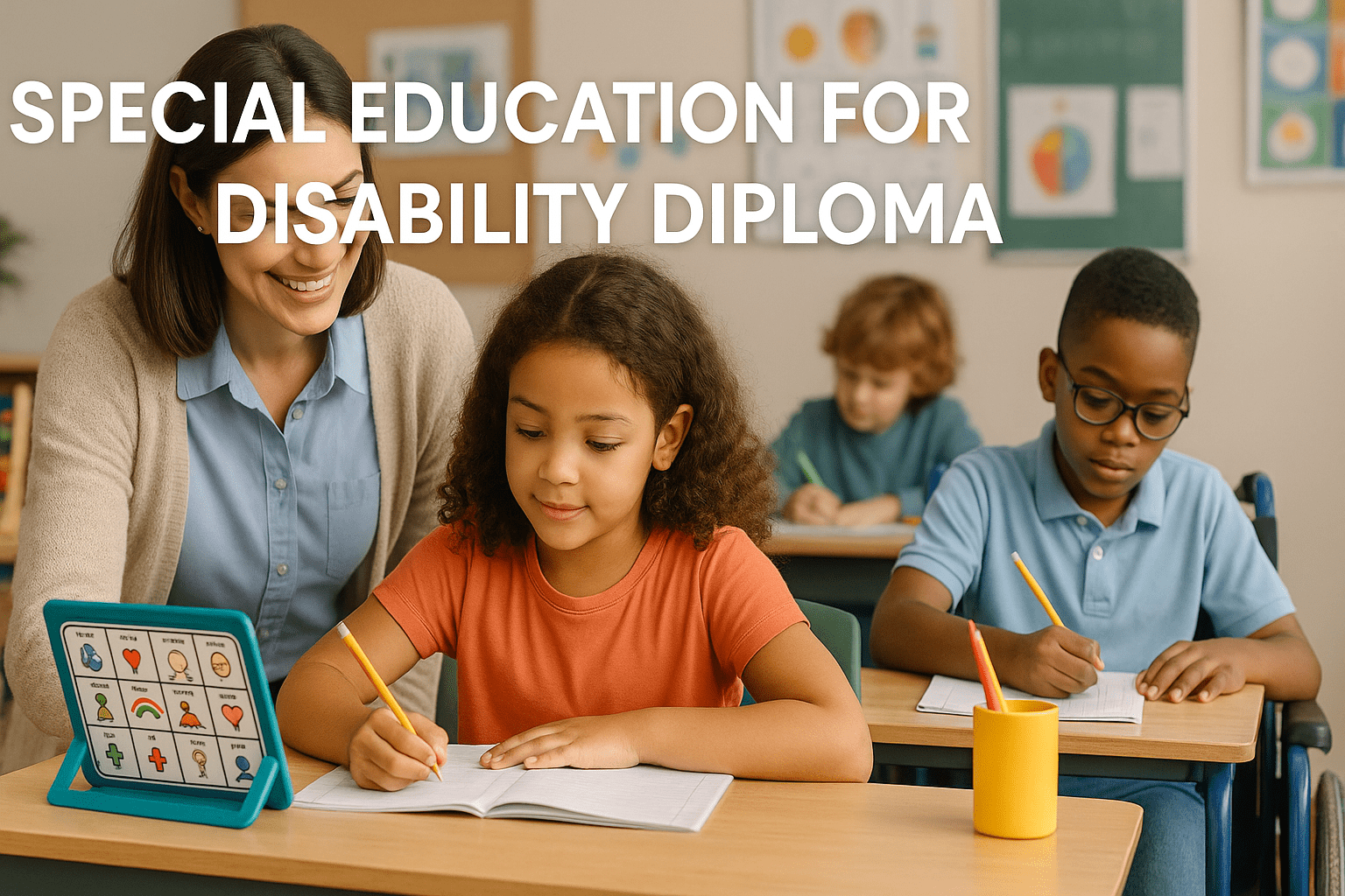 Special Education course image showing inclusive teaching, supportive learning tools, and collaborative classroom elements.