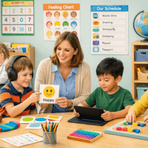 Special educational needs teacher supporting a diverse classroom with SEN learners using inclusive learning materials