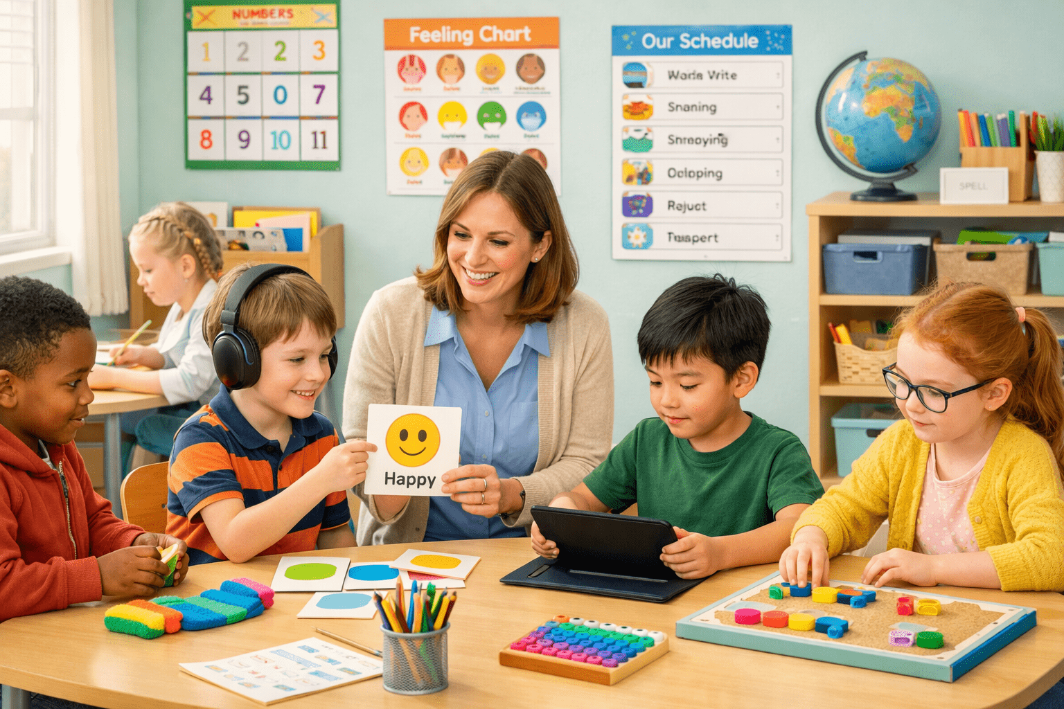 Special educational needs teacher supporting a diverse classroom with SEN learners using inclusive learning materials