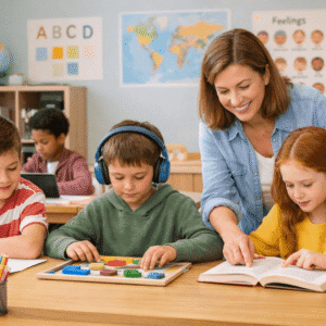 Special needs teaching in a classroom where a teacher supports children with autism, ADHD and dyslexia in an inclusive learning space