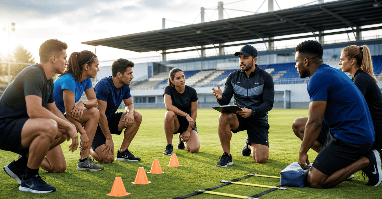 Professional coach training athletes in a sports coaching course with fitness drills and team guidance