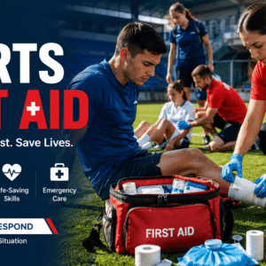 Sports First Aid training showing a first aider treating an injured athlete on a sports field