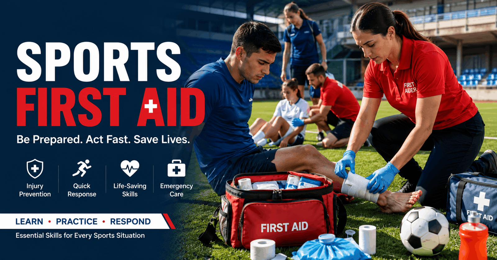 Sports First Aid training showing a first aider treating an injured athlete on a sports field