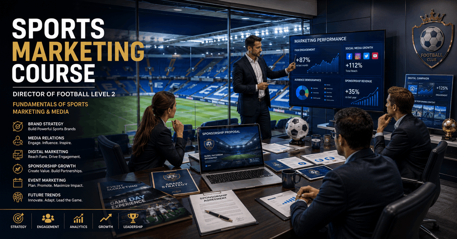 Sports executives reviewing branding, media campaigns, and sponsorship strategies in a sports marketing course