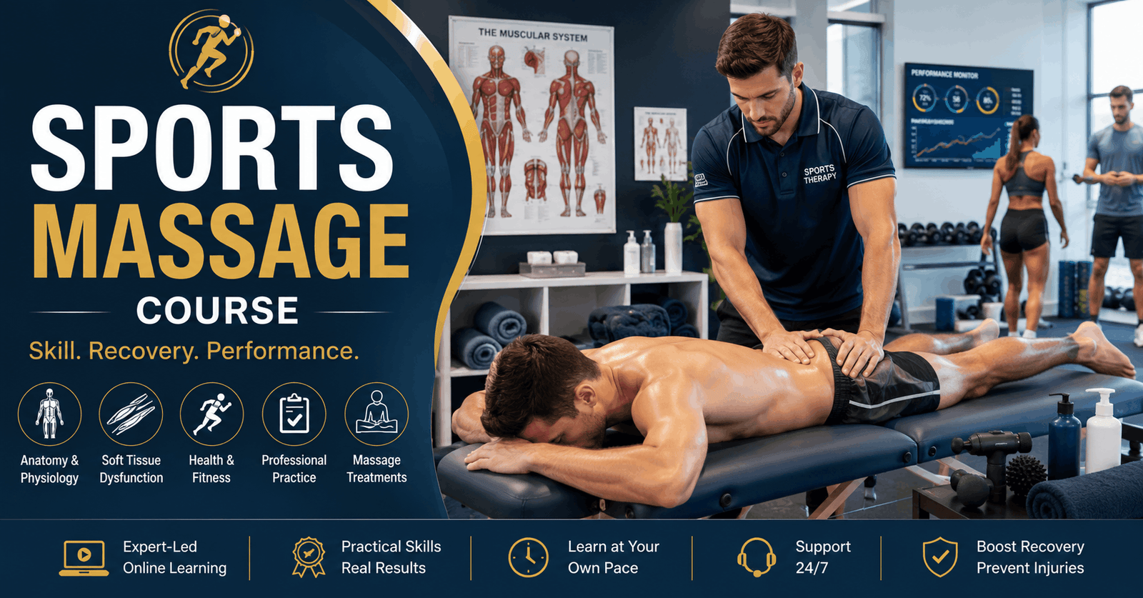 Sports Massage Course showing therapist performing massage treatment on athlete in a professional clinic