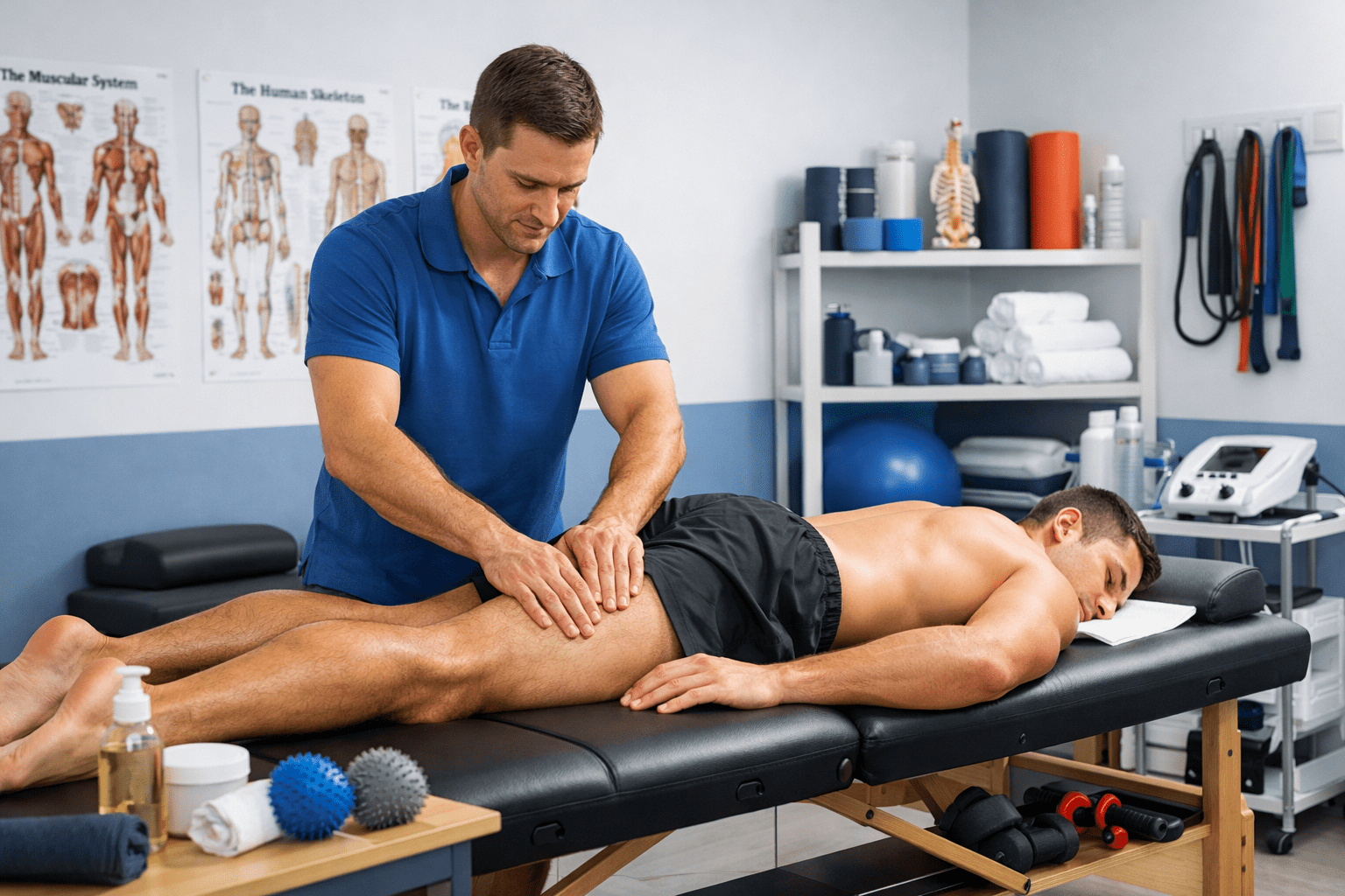 Sports therapy training session showing therapist treating an athlete in a modern rehabilitation clinic