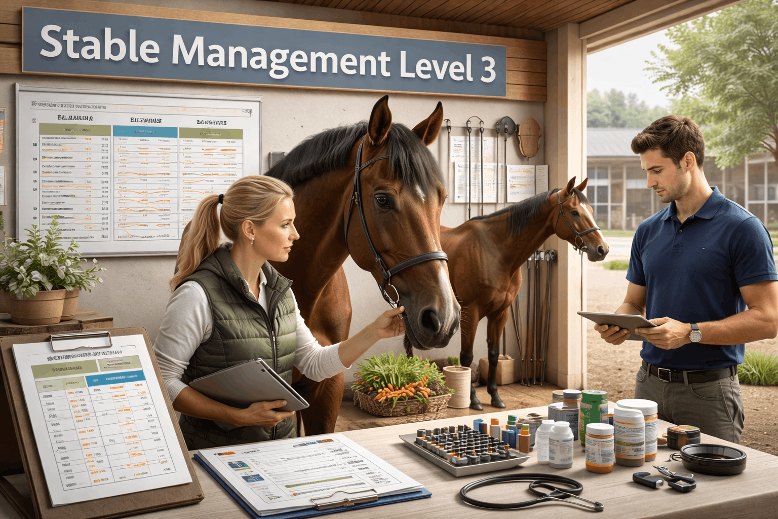 Stable Management Level 3 course image showing advanced equine care, feeding, training, and professional stable facilities