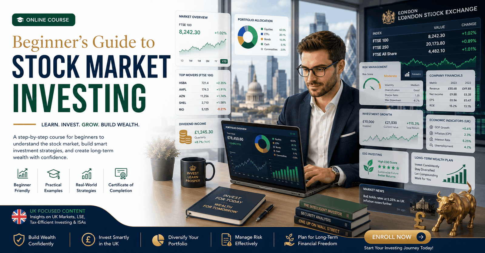 Professional Stock Market Investing course featuring stock charts, portfolio analysis, financial dashboards, and investment strategies.
