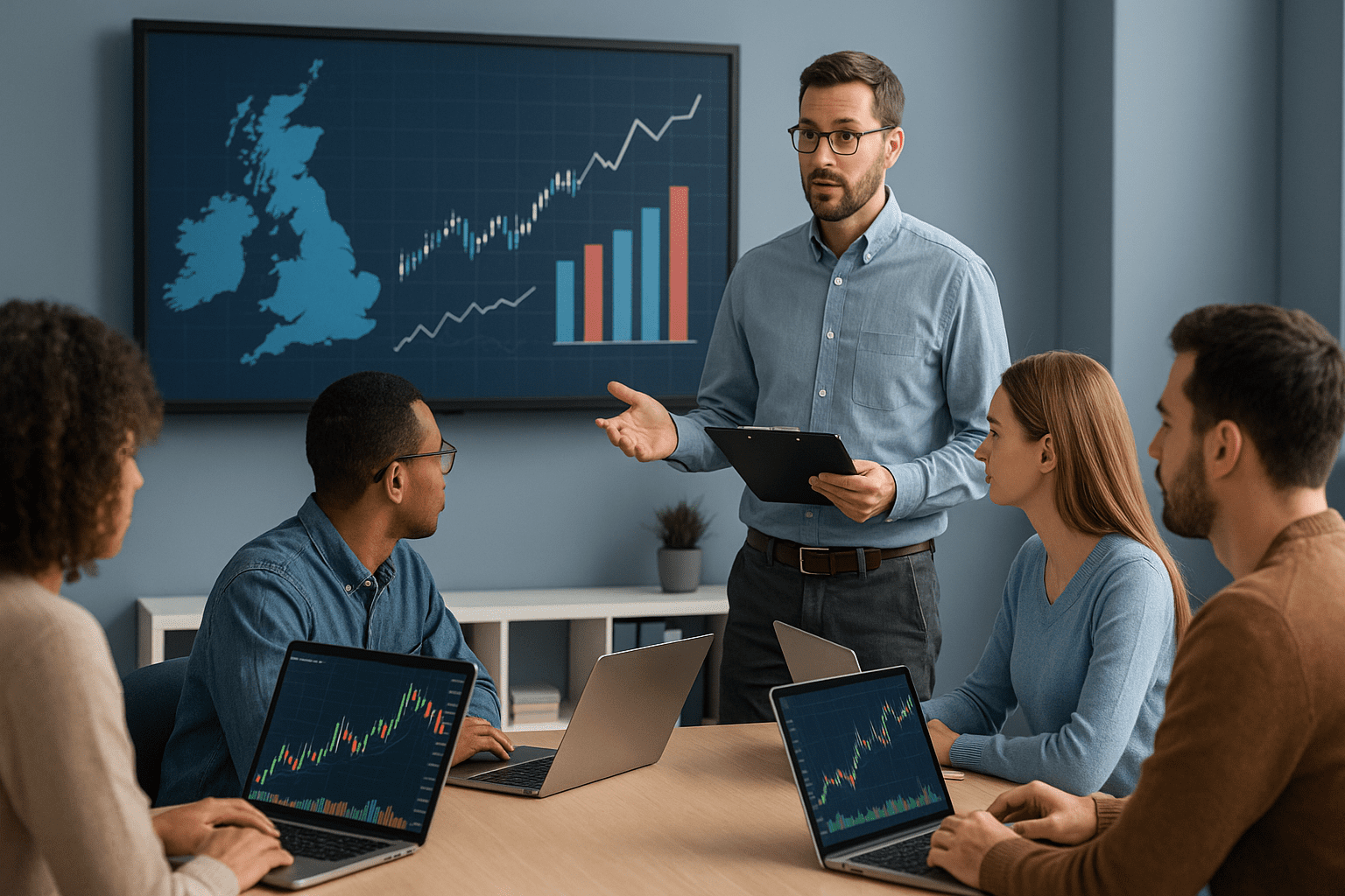 Learners studying stock market investing charts and graphs in a modern UK finance classroom