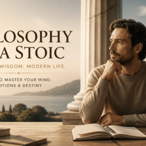 Stoic Philosophy Course showing calm thinker in ancient setting reflecting resilience and wisdom in modern life