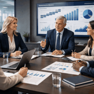 Strategic Leadership training showing senior leaders planning strategy and performance in a modern corporate environment