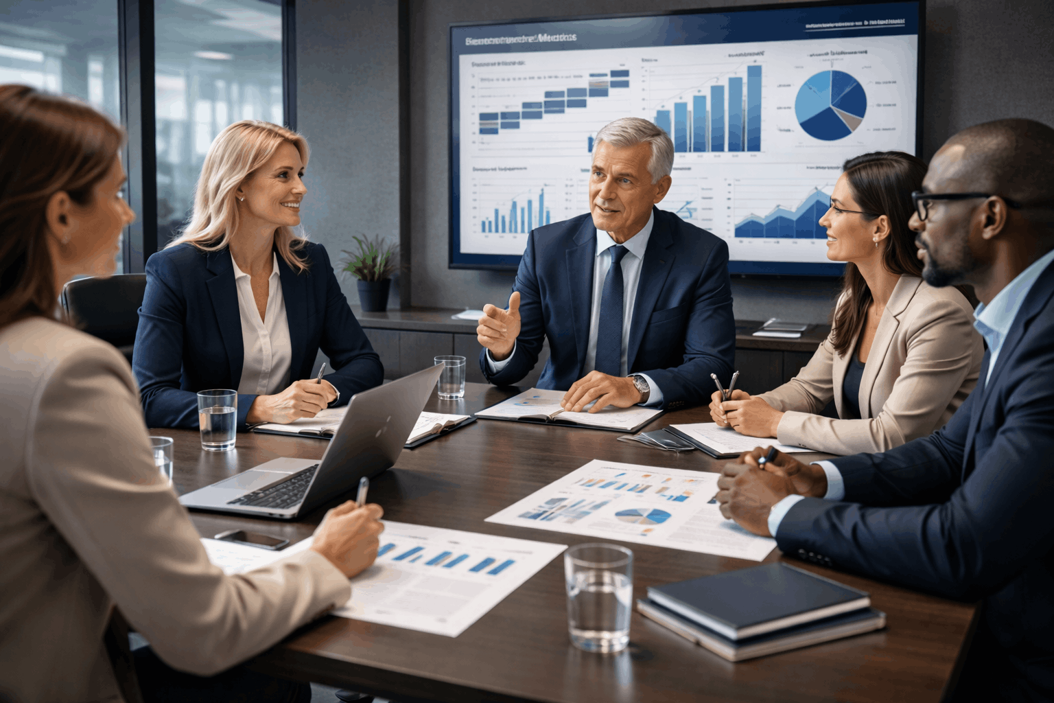 Strategic Leadership training showing senior leaders planning strategy and performance in a modern corporate environment