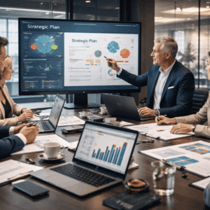 Strategic management course illustrating business strategy planning, leadership decision-making, and competitive analysis