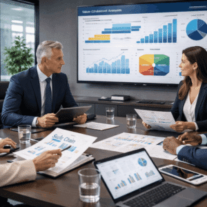 Strategic Resource Management training showing managers analysing assets, value chains, and performance metrics