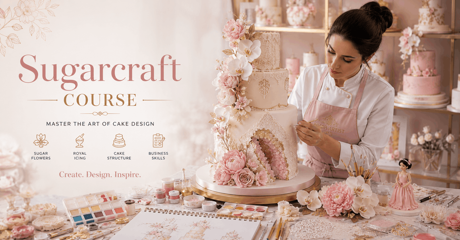 Professional cake artist creating intricate sugar flowers in a Sugarcraft Course workshop