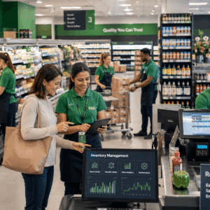 Professional supermarket assistant helping customers and managing stock in a modern retail store